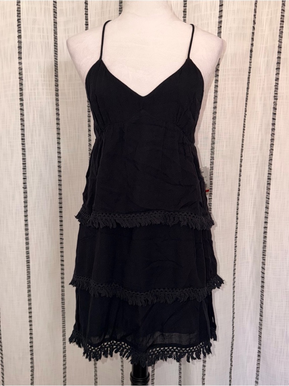 Volcom Black Tiered Tassel Hem Spaghetti Strap Dress